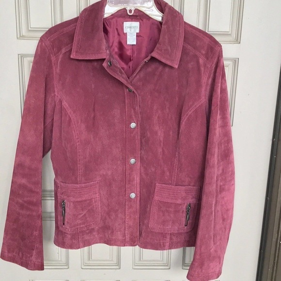 Chico's Design Jacket Sz 2 Magenta Suede Leather Designs Snap Front Zip Pockets - Picture 8 of 10